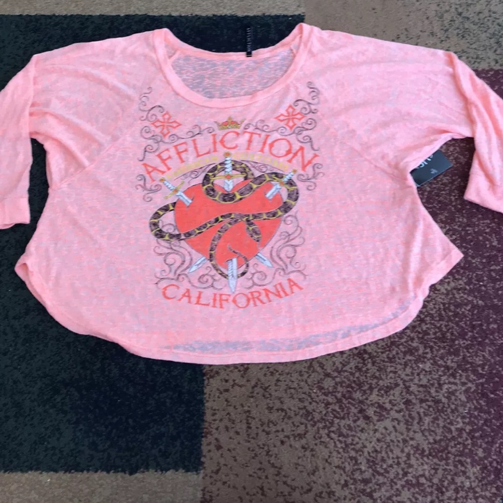 Affliction Encore Raglan Top Shirt Neon Orange S